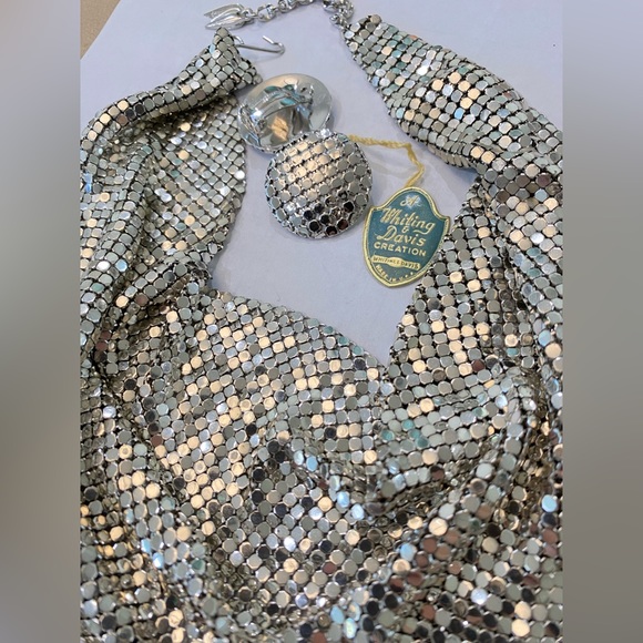 Whiting & Davis VINTAGE SIGNED Mesh bib Chain Necklace sparkly earring 1940’s - Picture 3 of 14